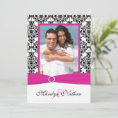 Rosa, weiße u. schwarze Damast-Foto-Hochzeit laden Einladung (Stehend Vorderseite)