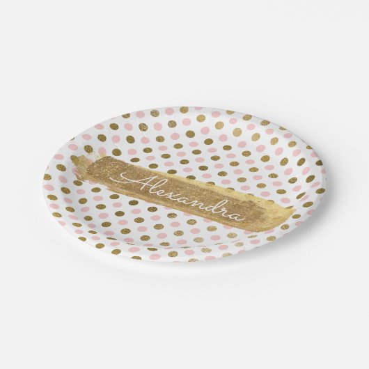 Rosa, weiße und goldfarbene Polka Dot & Strip Pappteller (Schrägansicht)