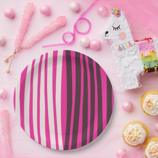 Rosa, weiße und schwarze senkrechte Streifen Pappteller (Party)