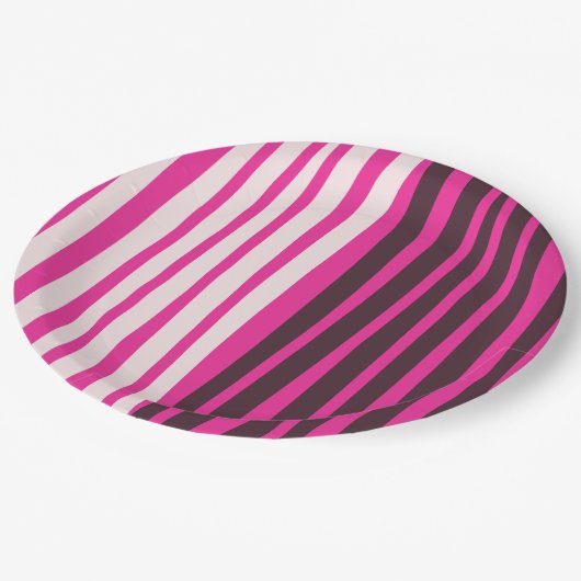 Rosa, weiße und schwarze senkrechte Streifen Pappteller (Schrägansicht)