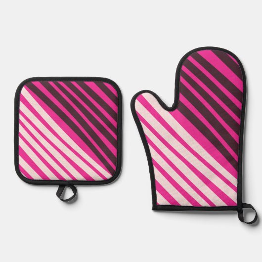 Rosa, weiße und schwarze Streifen Ofenhandschuh & Topflappen-Set (Vorderseite)
