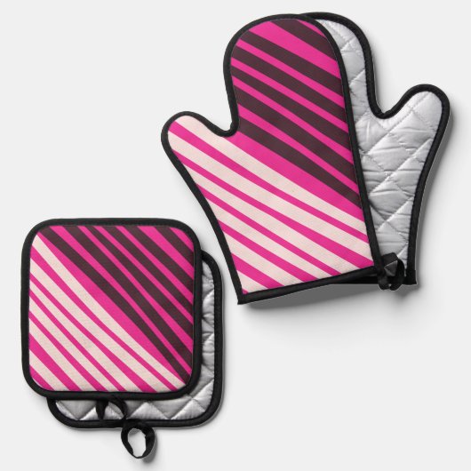 Rosa, weiße und schwarze Streifen Ofenhandschuh & Topflappen-Set (Vorderseite/Rückseite)