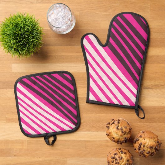 Rosa, weiße und schwarze Streifen Ofenhandschuh & Topflappen-Set (Oben Unten)