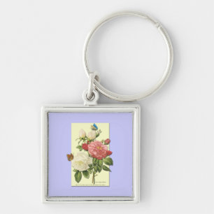 Rosa Weiße Vintage Botanische Rosen Schlüsselanhänger
