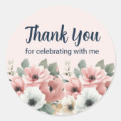 Rosa weiße Wasserfarben florale Danke Runder Aufkleber (Vorderseite)