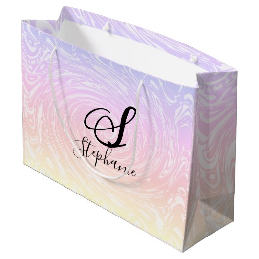 Rosa, weiße Wave Abstrakte Girly Monogramme Name Große Geschenktüte (Rückseite Schrägansicht)