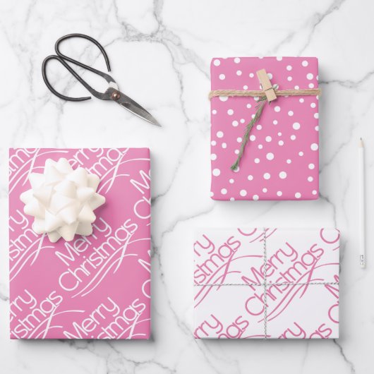 Rosa, weiße Weihnachtstypografie und Weihnachtsfer Geschenkpapier Set (Vorderseite)