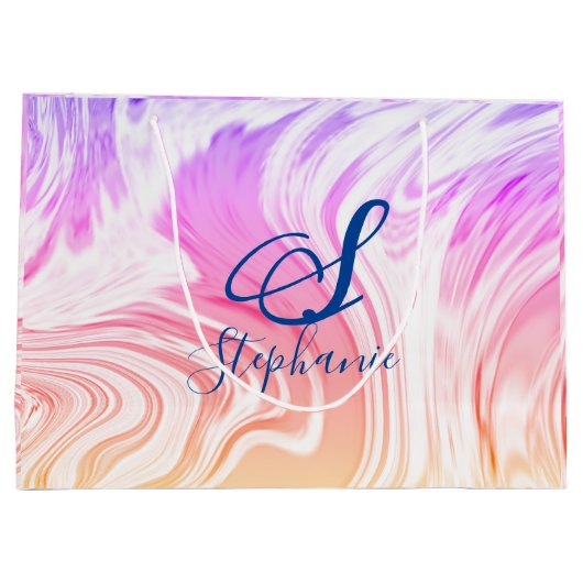 Rosa Weiße Welle Abstrakte Girly Monogramme Niedli Große Geschenktüte (Rückseite)