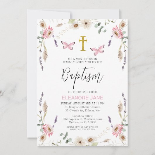 Rosa Weiße Wildblumen Schmetterlingsblume Einladung (Vorderseite)