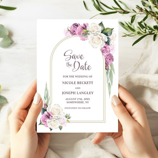 Rosa, weißer Blumenbogen Hochzeit Sichern Sie das Save The Date
