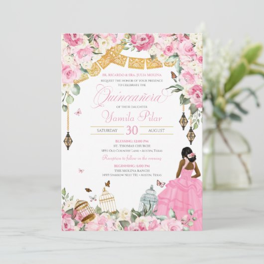 Rosa Weißer Eleganter Blütenschmetterling Quincean Einladung (Stehend Vorderseite)