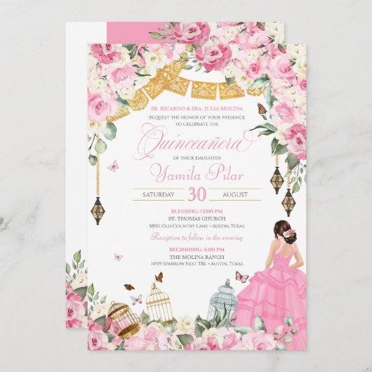 Rosa Weißer Eleganter Blütenschmetterling Quincean Einladung (Vorne/Hinten)