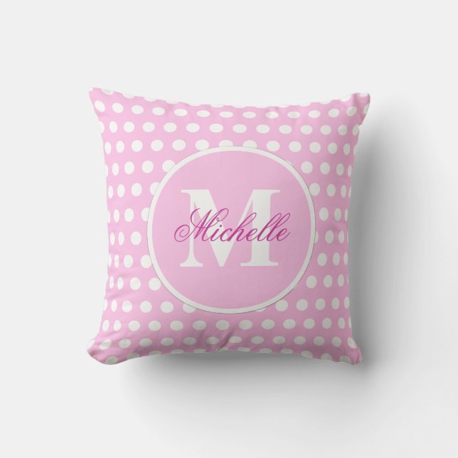 Rosa weißer Polka-Dot-Monogramm-Pilz Kissen (Vorderseite)