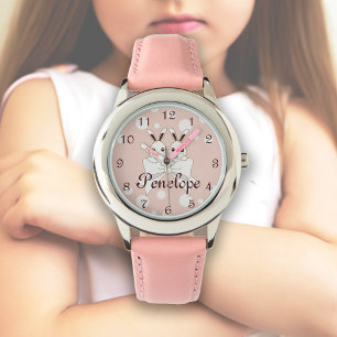 Rosa weißes Band und süße Zwillings-Hasen-Kinderuh Armbanduhr