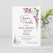 Rosa weißes Blumendinner und Getränke 100. Geburts Einladung (Stehend Vorderseite)