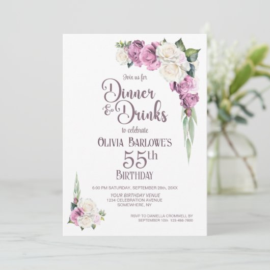 Rosa weißes Blumendinner und Getränke 55. Geburtst Einladung (Stehend Vorderseite)