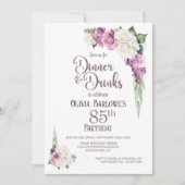 Rosa weißes Blumendinner und Getränke 85. Geburtst Einladung (Vorderseite)