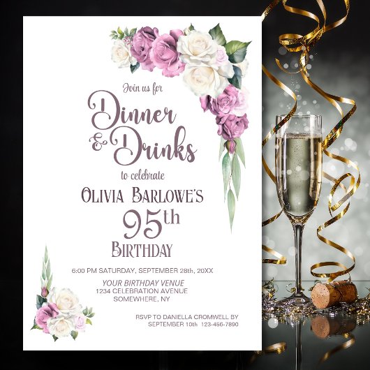Rosa weißes Blumendinner und Getränke 95. Geburtst Einladung