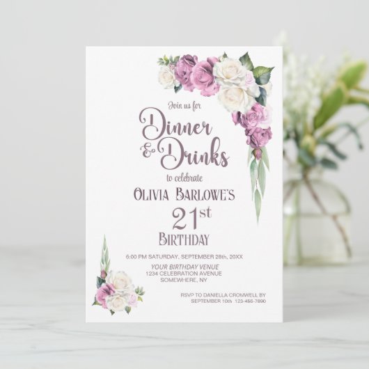 Rosa weißes Blumendinner und Getränke am 21. Gebur Einladung (Stehend Vorderseite)