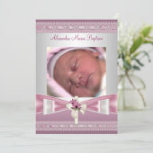 Rosa Weißes Foto Taufe Christening Einladung (Stehend Vorderseite)