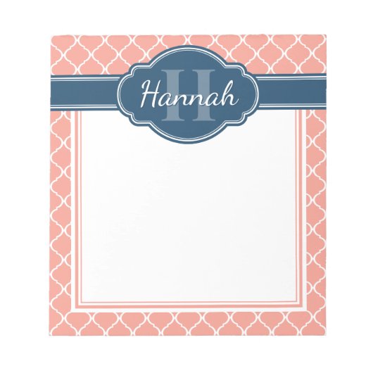 Rosa Weißes Gittermuster Blaues Monogramm Notizblock (Vorderseite)