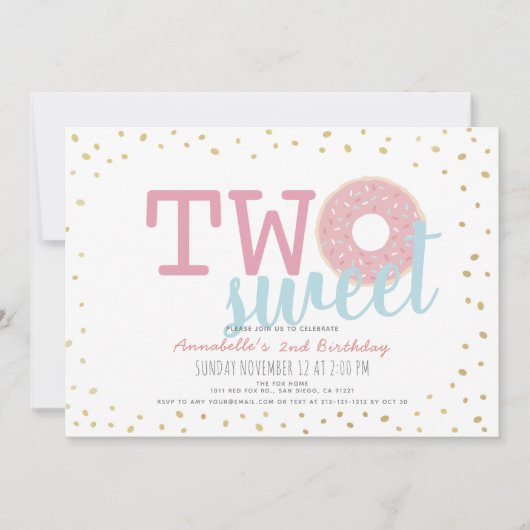 Rosa weißes Gold Donut Zwei süße Girl 2. Geburtsta Einladung (Vorderseite)