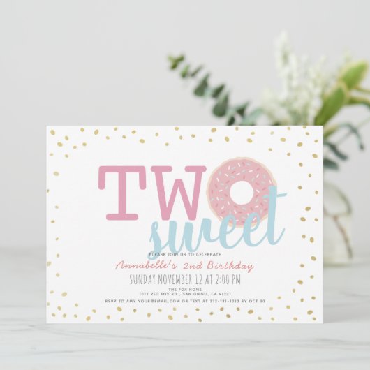 Rosa weißes Gold Donut Zwei süße Girl 2. Geburtsta Einladung (Stehend Vorderseite)