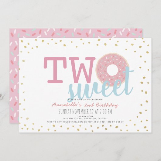 Rosa weißes Gold Donut Zwei süße Girl 2. Geburtsta Einladung (Vorne/Hinten)
