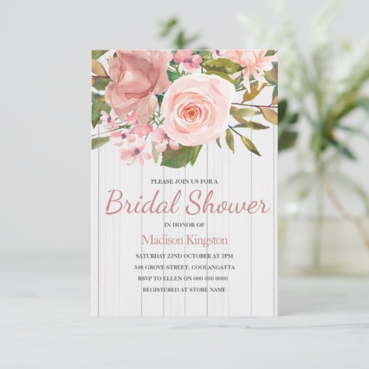 Rosa Weißes Holz Brautparty laden ein Einladung (Stehend Vorderseite)