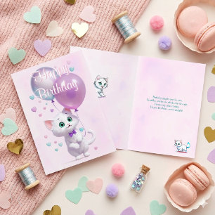 Rosa weißes Kätzchen mit Luftballons zum Geburtsta Karte