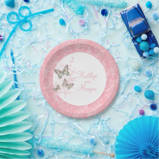 Rosa, weißes Papiertüte, 3 Tinte, rosa Schmetterli Pappteller (Party)