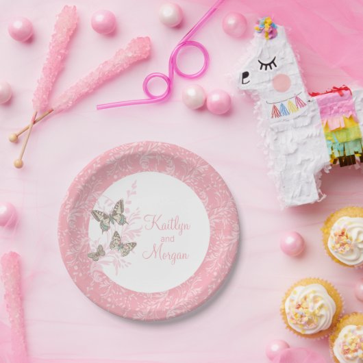 Rosa, weißes Papiertüte, 3 Tinte, rosa Schmetterli Pappteller (Party)