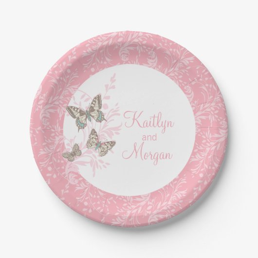 Rosa, weißes Papiertüte, 3 Tinte, rosa Schmetterli Pappteller (Vorderseite)