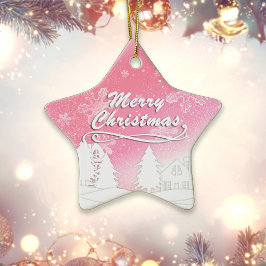 Rosa Weißes Schneehaus Weihnachten Keramik Ornament