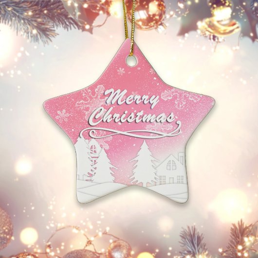 Rosa Weißes Schneehaus Weihnachten Keramik Ornament