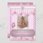 Rosa weißes Spot-Foto Frame Cross Baptisse 2 Einladung (Vorne/Hinten)