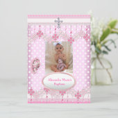 Rosa weißes Spot-Foto Frame Cross Baptisse 3 Einladung (Stehend Vorderseite)