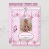 Rosa weißes Spot-Foto Frame Cross Baptisse 3 Einladung (Vorne/Hinten)
