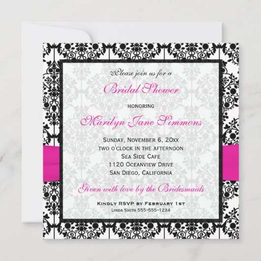 Rosa, weißes und schwarzes Damast-Brautparty laden Einladung (Rückseite)