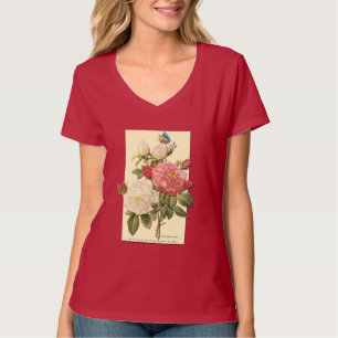 Rosa-weißes Vintage-Botanik-Rosen-T-Shirt T-Shirt