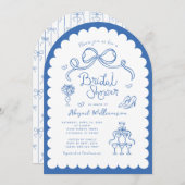 Rosa, weißes, weißes Retrohandgezogenes Brautparty Einladung (Vorne/Hinten)