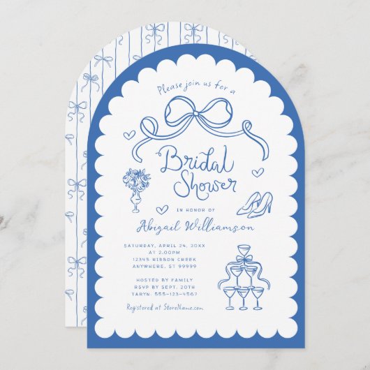 Rosa, weißes, weißes Retrohandgezogenes Brautparty Einladung (Vorne/Hinten)