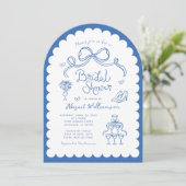 Rosa, weißes, weißes Retrohandgezogenes Brautparty Einladung (Stehend Vorderseite)