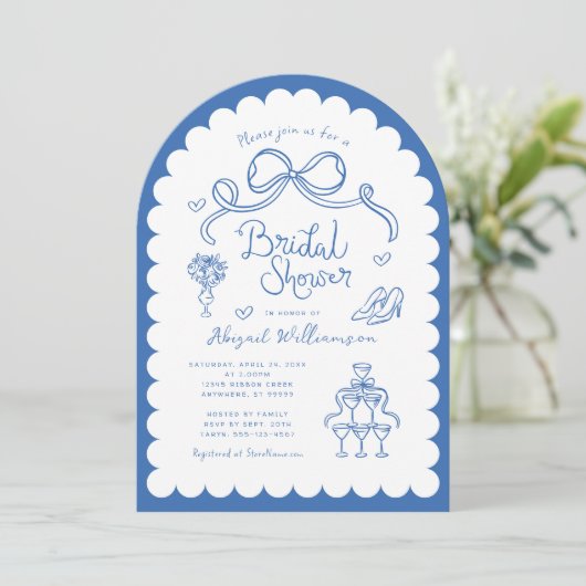 Rosa, weißes, weißes Retrohandgezogenes Brautparty Einladung (Stehend Vorderseite)