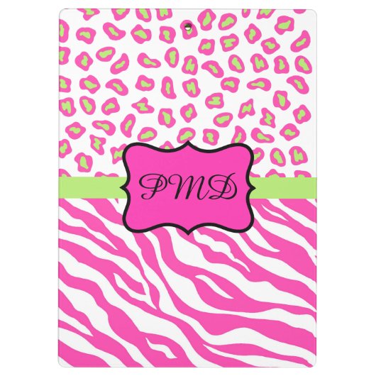 Rosa Weißes Zebra-Leopard-Monogramm Klemmbrett (Rückseite)