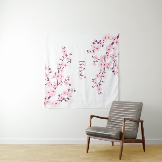 Rosa Weißkirsche Blossom Monogramm Wandteppich (Beispiel (Horizontal))