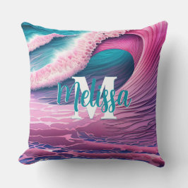 Rosa Wellen an der Strandmonogramm Kissen