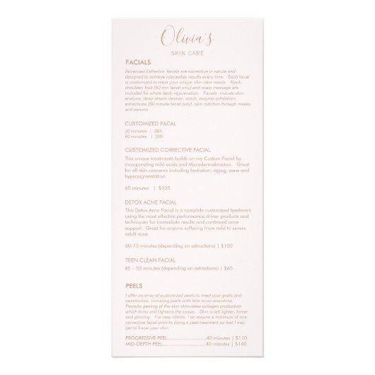 Rosa Wellness-Center Skincare White Service Price Werbekarte (Vorne)