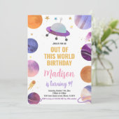 Rosa Weltraum Geburtstagseinladungen Einladung (Stehend Vorderseite)