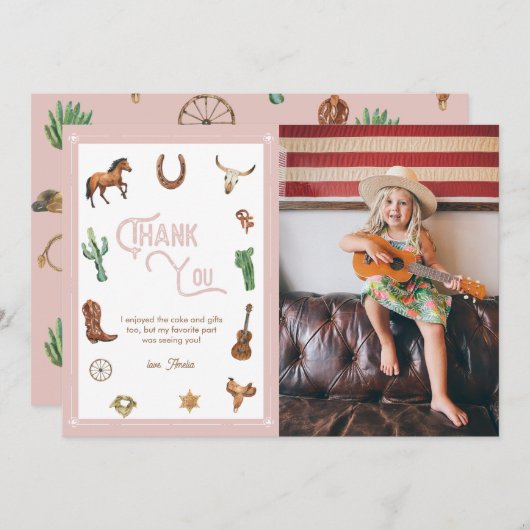 Rosa Western Erster Geburtstag Rodeo Danke Karte (Vorne/Hinten)